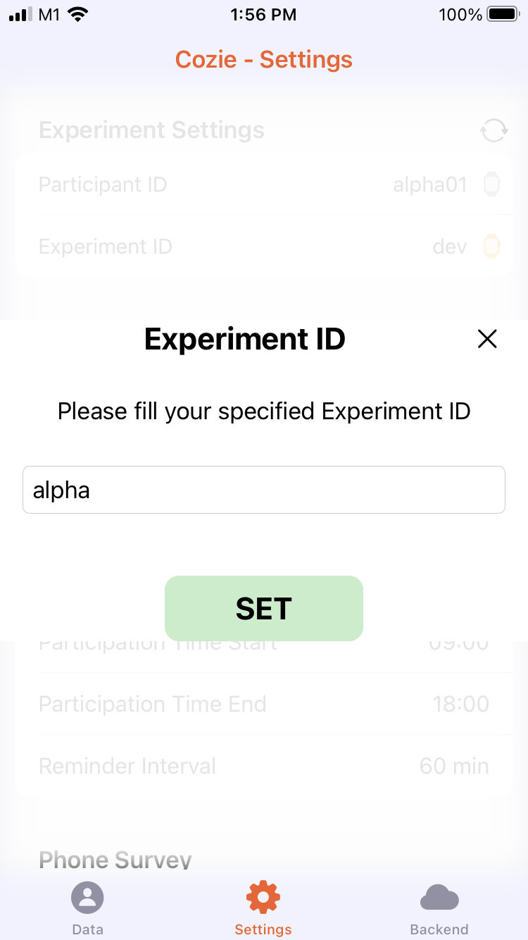 Screenshot of pop-up menu for experiment ID