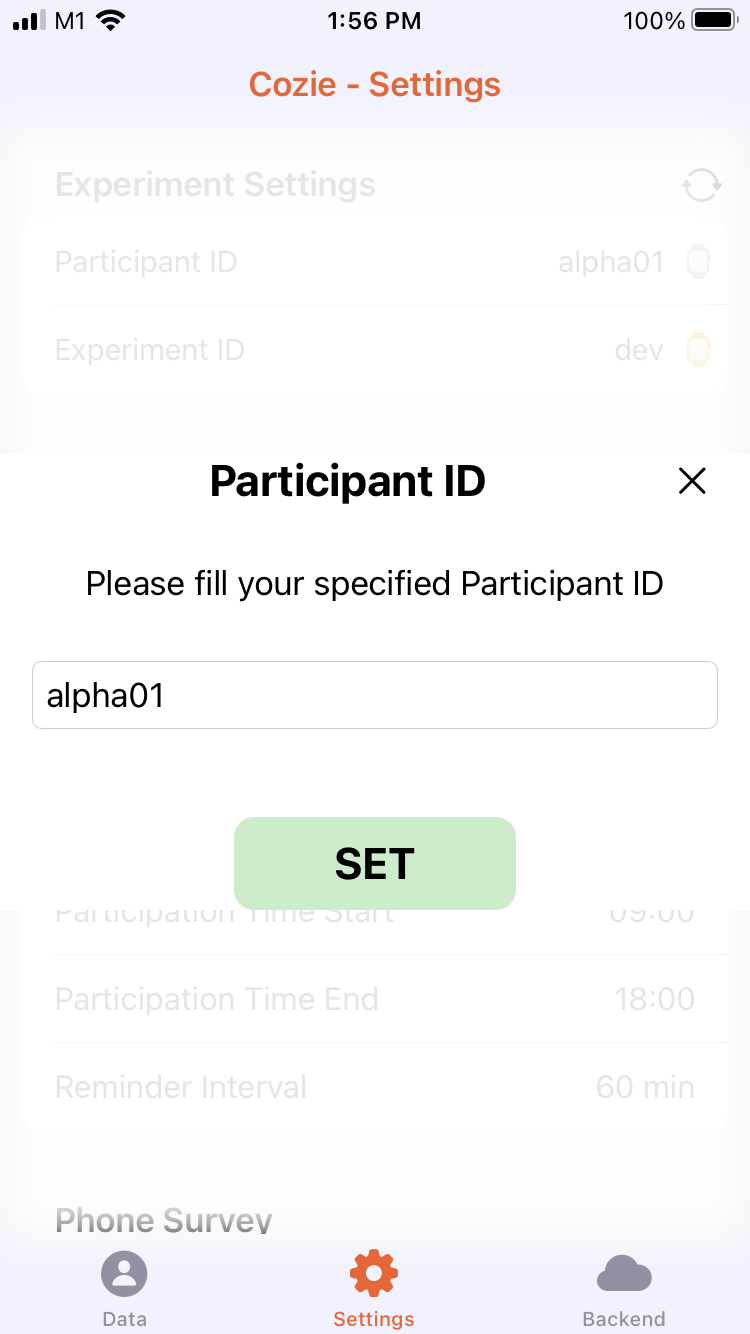 Screenshot of pop-up menu for participant ID